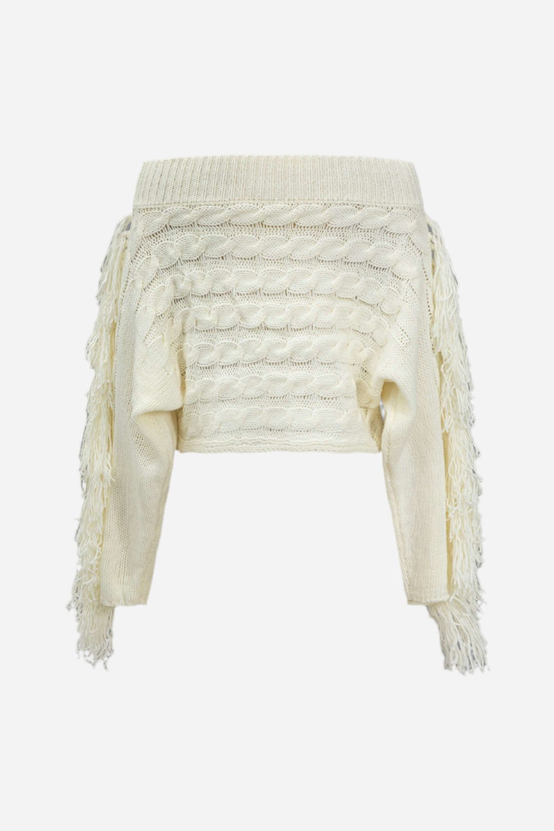 Fringe Cable Knit Off-Shoulder Sweater