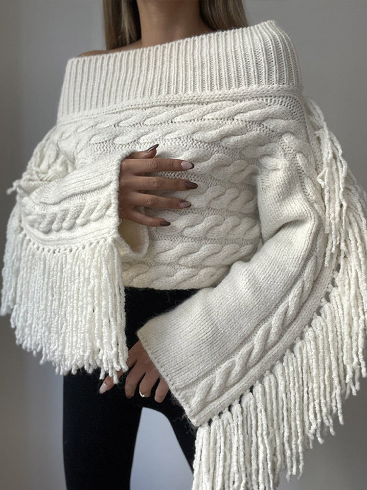 Fringe Cable Knit Off-Shoulder Sweater