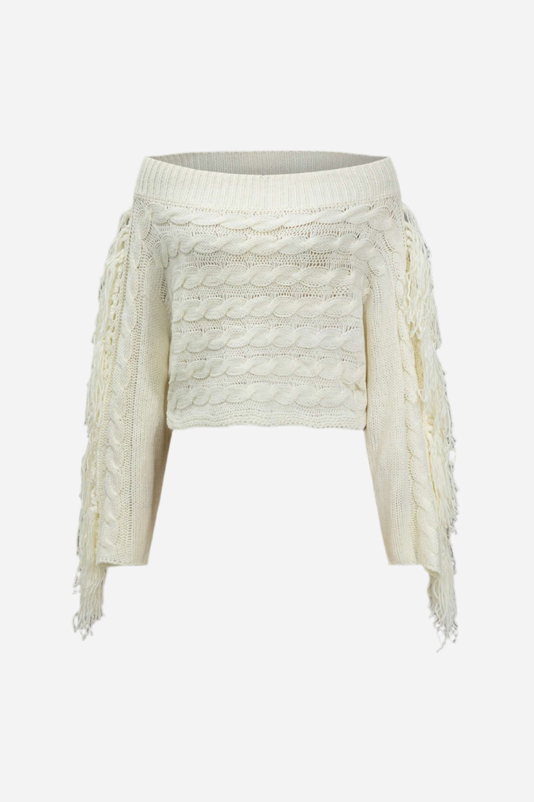 Fringe Cable Knit Off-Shoulder Sweater